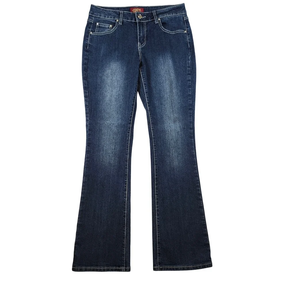 One 5one Bootcut Jeans Women 8 Dark Wash Blue Excellent Embroidered Rhinestone - Picture 1 of 15